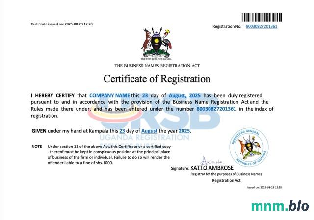 Uganda szablon Word i PDF zaświadczenia o rejestracji nazwy firmy